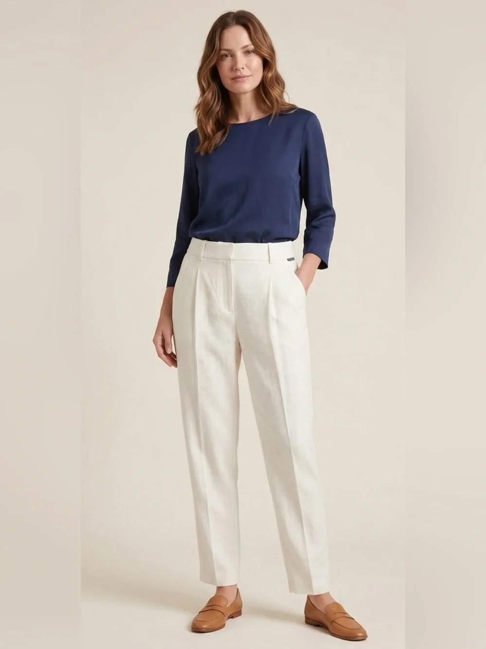 Veronica Beard Off-White Linen Blend Pleated Front Trousers Cream Pants